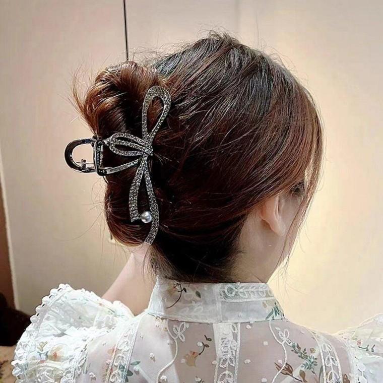 여성 올림머리 리본 큐빅 헤어 집게 핀 블랙 헤어집게핀 머리집게핀 반묶음집게핀