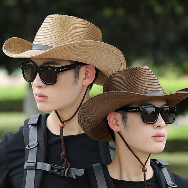 남성 와이드챙 카우보이 밀짚모자 턱끈 여름 스트로햇