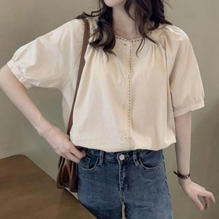 여름 반팔 블라우스 여성 예쁜 하객 브라우스 베이지 여자 라운드넥 레이스 셔츠 하객룩