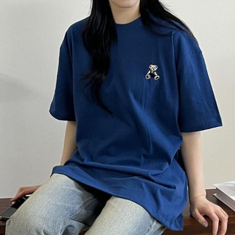 여성 오버핏 순 면 여름 테디 베어 반팔 티셔츠 네이비 여자 반팔티 여성면 여성면티