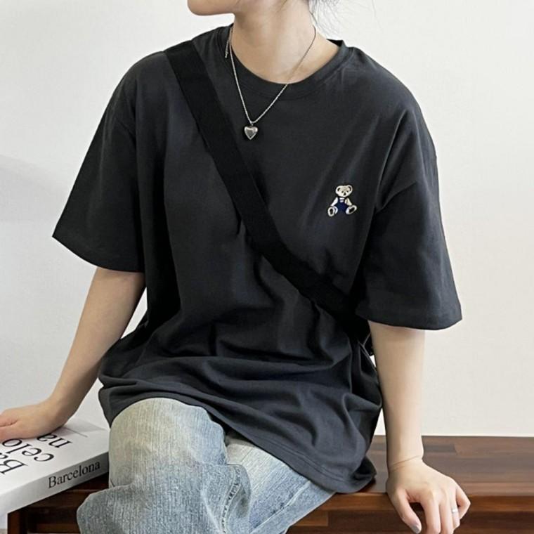 여성 오버핏 순 면 여름 테디 베어 반팔 티셔츠 차콜 여자 반팔티 여성면 여성면티