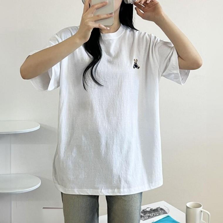 여성 오버핏 순 면 여름 테디 베어 반팔 티 셔츠 흰색 여자 반팔티 여성면 티셔츠