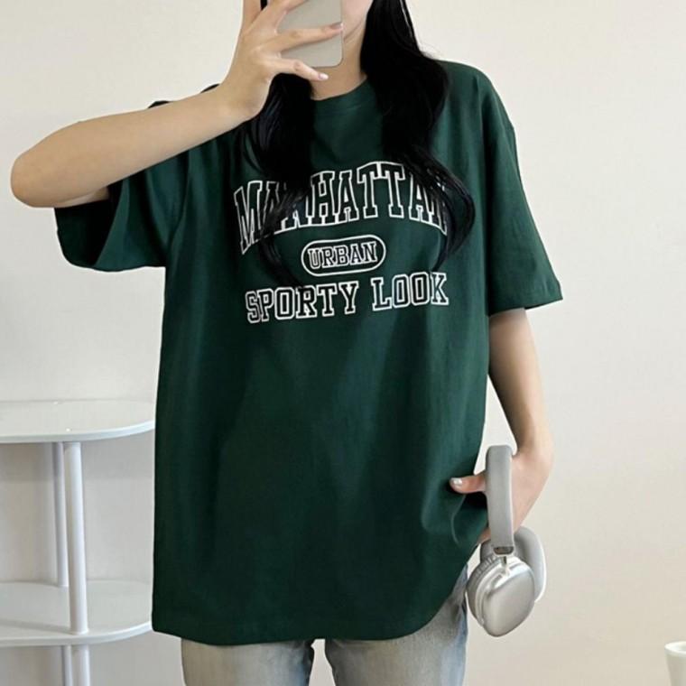 여성 오버핏 순 면 여름 레터링 반팔 티 셔츠 그린 여자 반팔티 여성면 티셔츠 여성면티