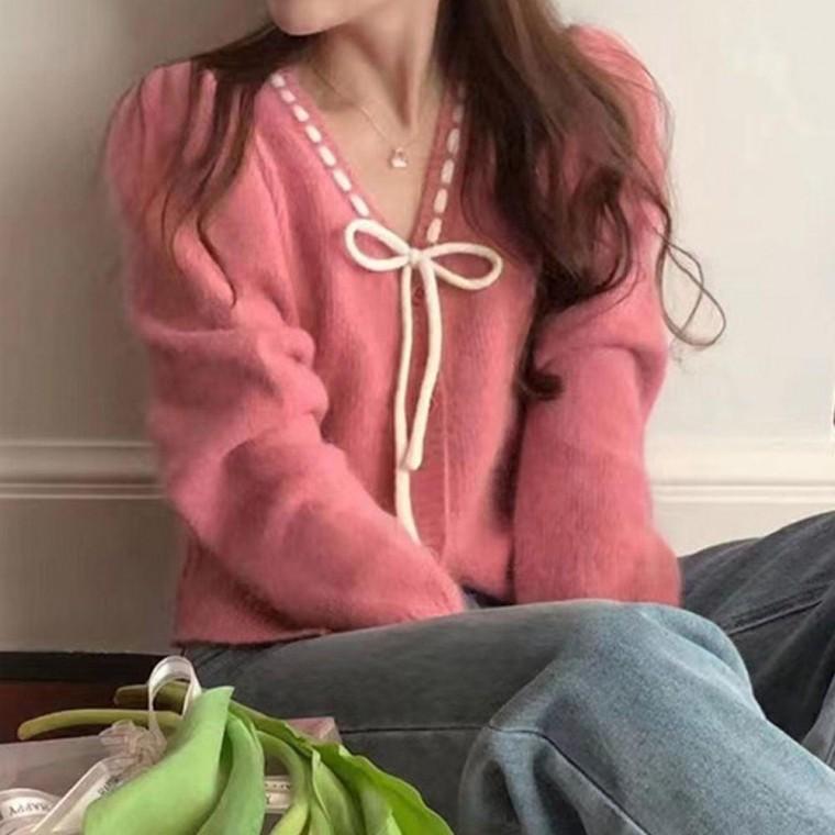 여성 봄 가을 핑크 니트 브이넥 예쁜 리본 가디건 여자 봄가디건 여성봄 사무실 기본
