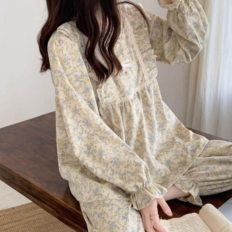 여성 꽃무늬 긴팔 긴바지 홈웨어 봄 가을 잠옷 세트 여자 파자마 파티 실내복 여성홈웨어