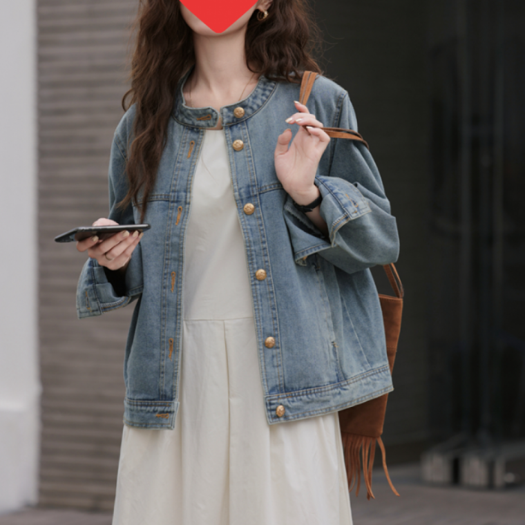 모던 라운드넥 노카라 데님 여성 청 자켓 캐주얼룩