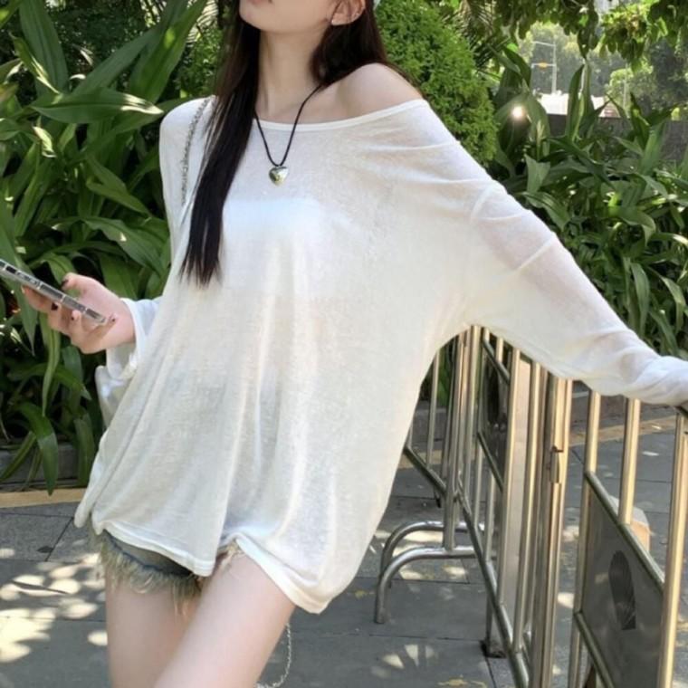 여성용 유넥 루즈핏 여름 티셔츠 시스루 얇은 긴팔 티