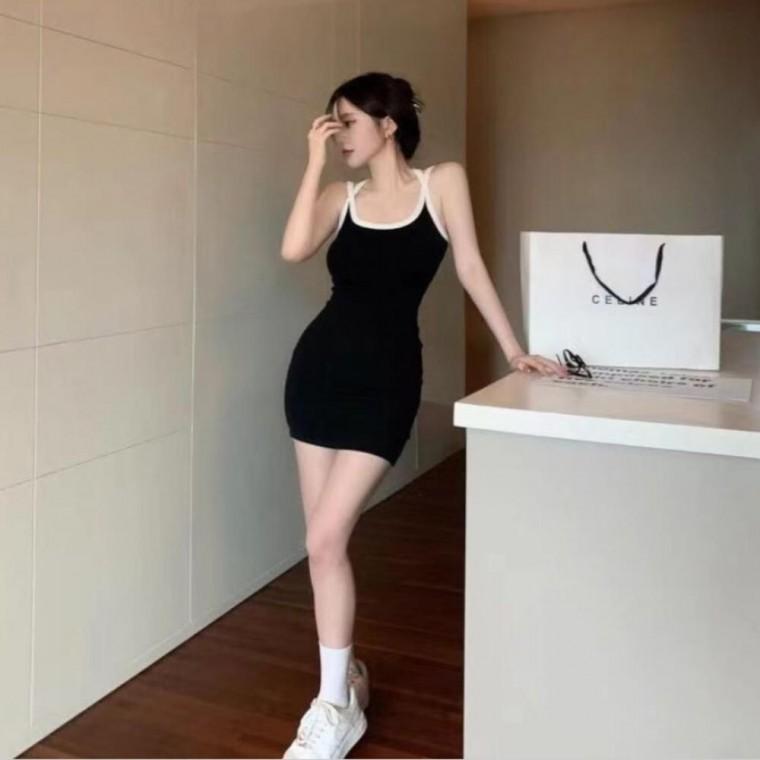 여성 캐주얼 배색크로스 슬림 민소매 나시 미니원피스
