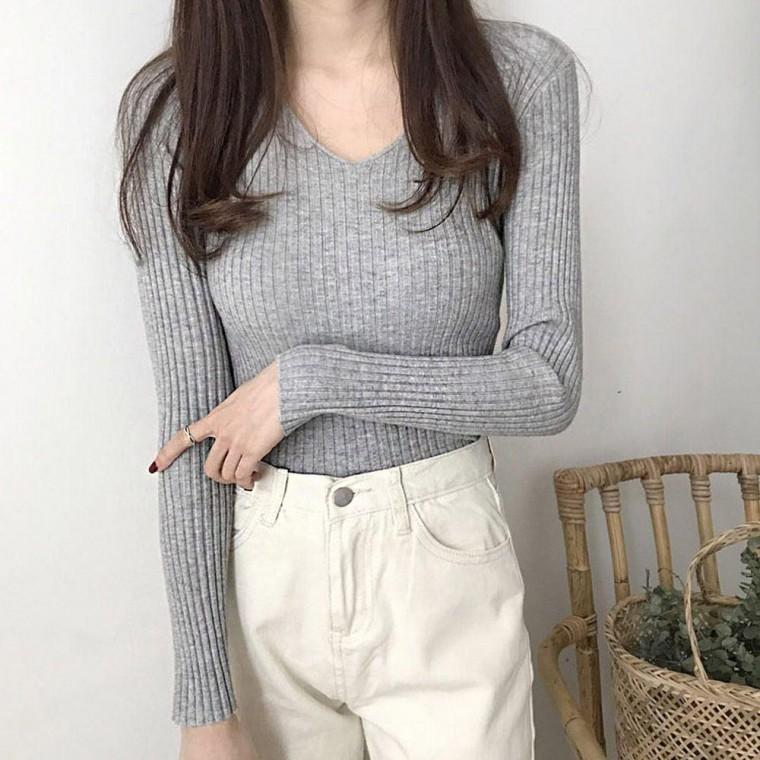신축성 여성 가을 외출 패션 브이넥 골지 티셔츠 긴팔 반팔 맨투맨 여성롱 여성봄 여자