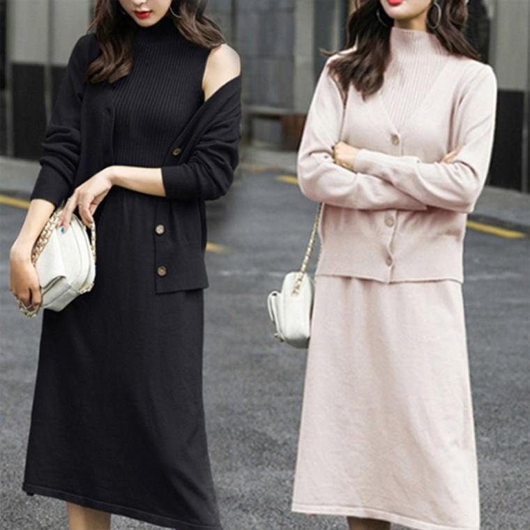 여자 반폴라 민소매 원피스 가디건 패션 코디 세트 여성 여자봄