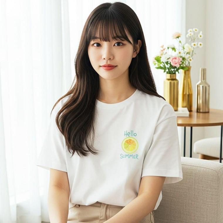 여자 레몬 프린팅 레터링 면 반팔 티셔츠 여름 흰 여성 반팔티 순면 여성면티