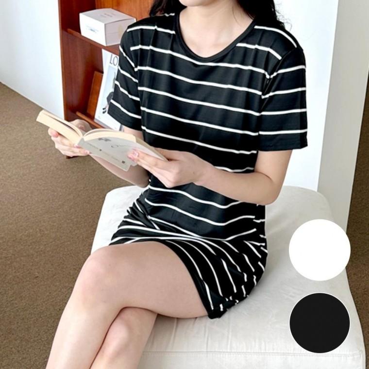 EA 여성 미니 원피스 스트라이프 라운드넥 반팔 드레스