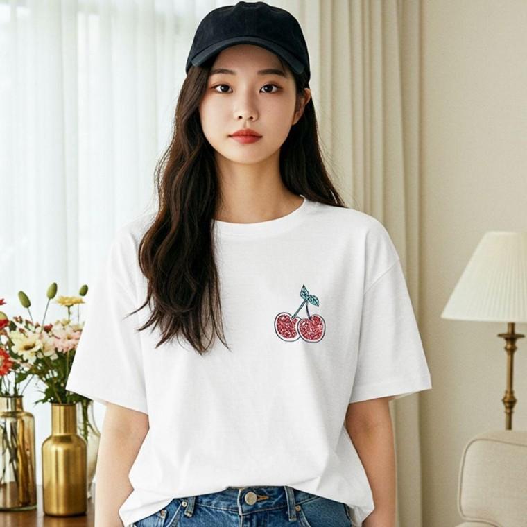 여자 여름 체리 프린팅 면 반팔 티셔츠 여성 흰 반팔티 순면 여성면티 여성반팔면티