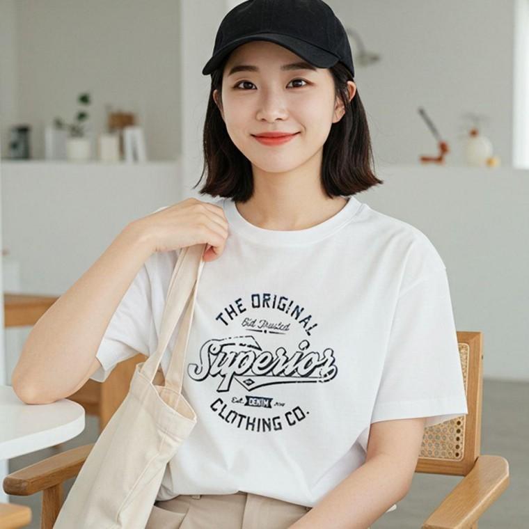 여름 여성 레터링 프린트 면 반팔 티셔츠 기본 흰 반팔티 순면 여자 여성면티