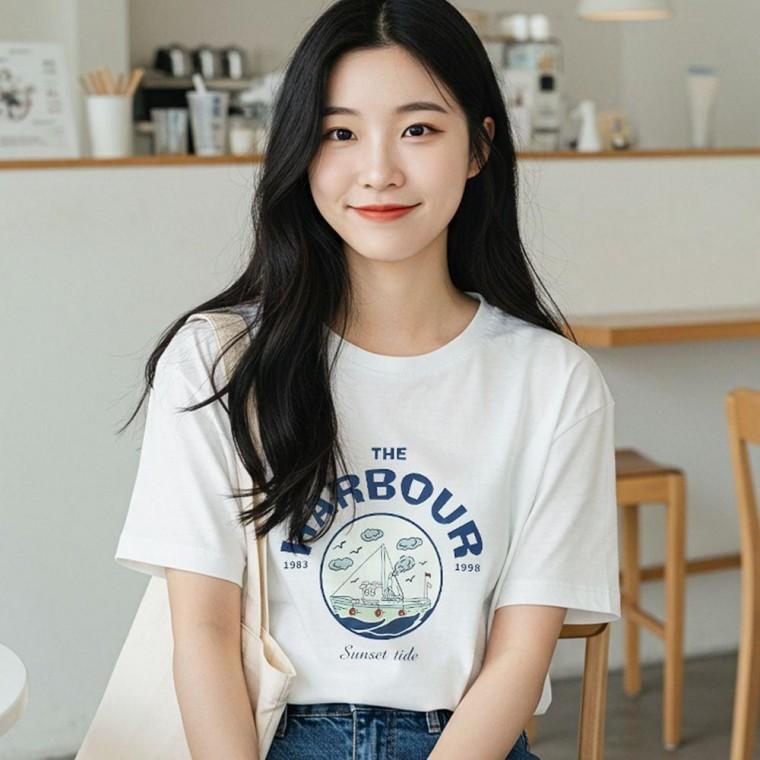 여름 면 반팔 티셔츠 여성 루즈핏 프린팅 여자 흰 반팔티 순면 여성면티 여성반팔면티