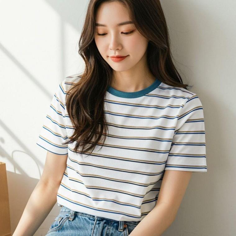 여성 스트라이프 라운드 여름 반팔 티 줄무늬 티셔츠 반팔티 여자 단가 라티 폴리 예쁜