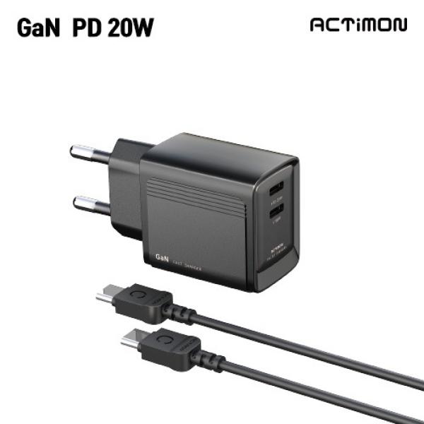 [액티몬] GAN PD 20W C타입 2포트 가정용충전기 (C to C 케이블 포함) (MON-PD20W-CC-T2-CP)