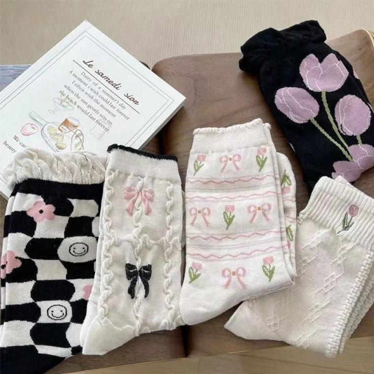 중목 리본 튤립 스마일 러블리 자수 패턴 양말