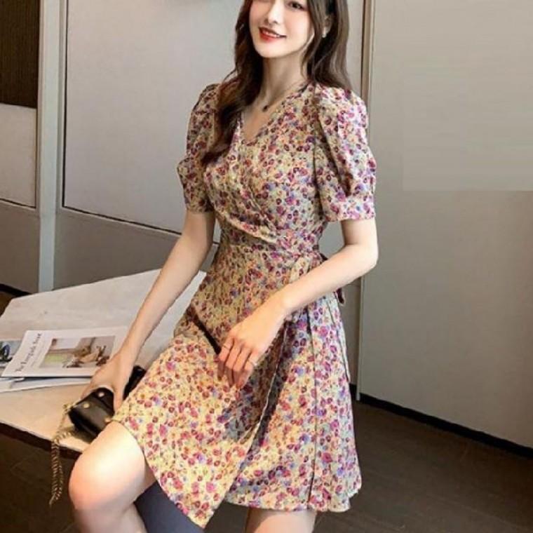 여름 플라워 반팔 랩 원피스 브이넥 롱 퍼프 휴양지