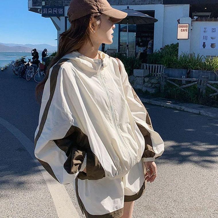 컬러 배색 여성 바스락 반바지 상하 트레이닝복 세트 여성여름운동복 여름트레이닝 트레이닝복 여자 반팔