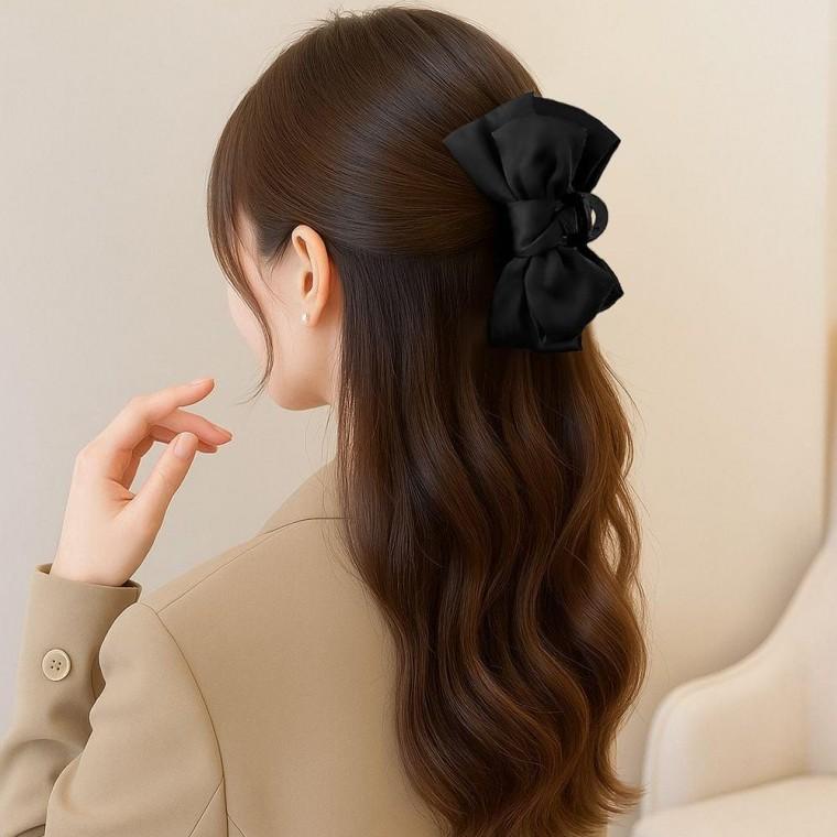 블랙 새틴 리본 집게핀 올림머리 헤어핀 반묶음 머리핀