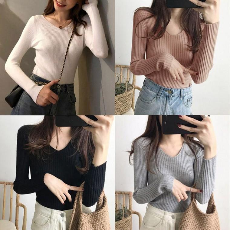간절기 긴팔 골지 여성 티셔츠 데일리룩 브이넥