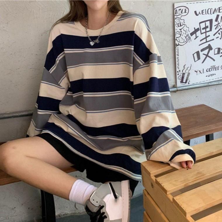 긴팔 오버핏 스트라이프 라운드넥 여성 티셔츠