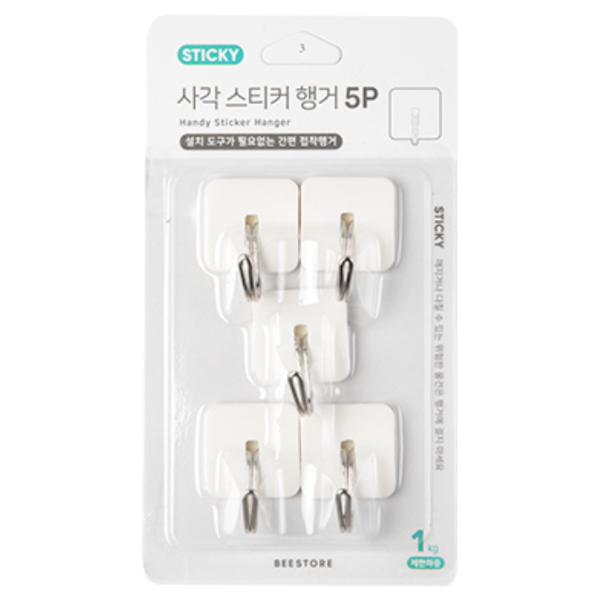 BS 사각 스티커 행거 5P 접착식 후크 벽걸이 무타공 액자 고리 걸이 방문 도어훅