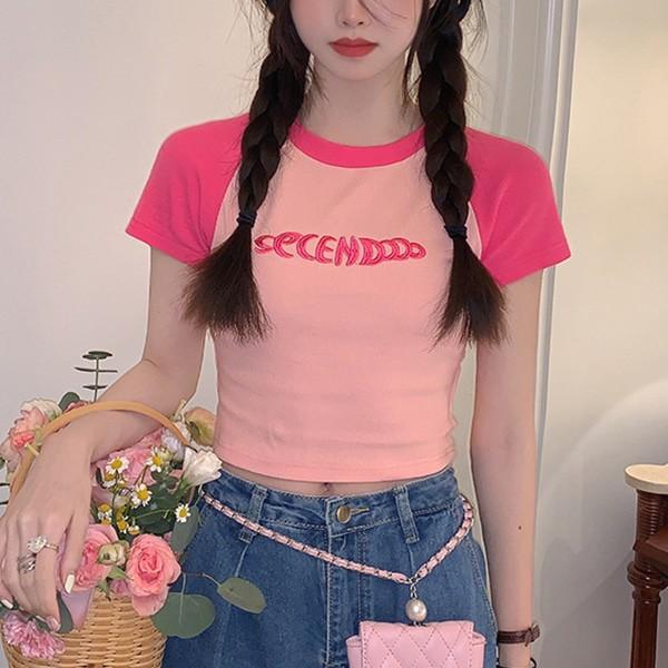 여자 배색 크롭 반팔티 하이틴 러블리 스트릿룩