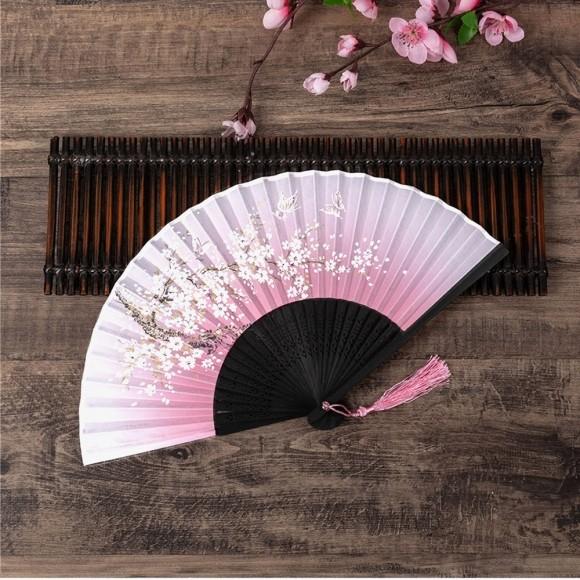 복사꽃 접이식 대나무 부채