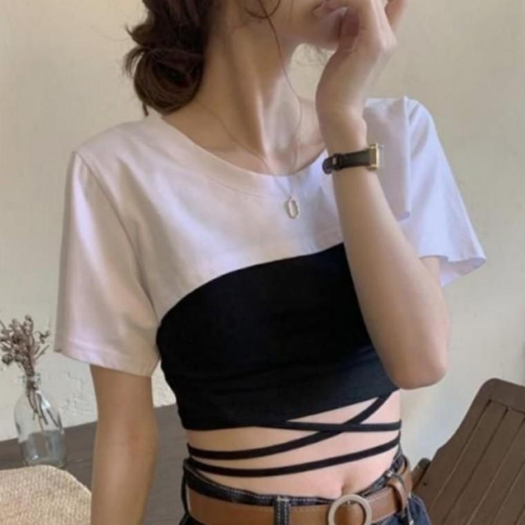 레이어드 티셔츠 크롭 반팔 박스티 루즈핏 크롭티 핫크롭