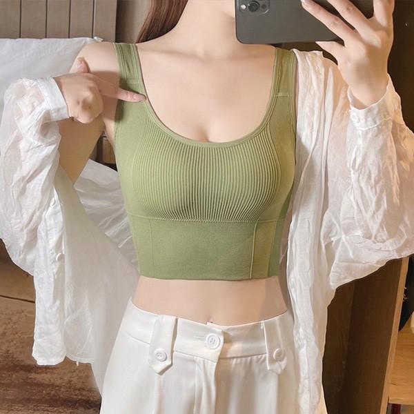 여자 골지 크롭 브라탑 내장패드 나시 요가 홈웨어룩