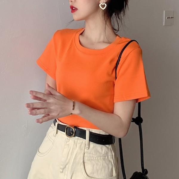 여자 오렌지 베이직 반팔티 라운드넥 데일리룩