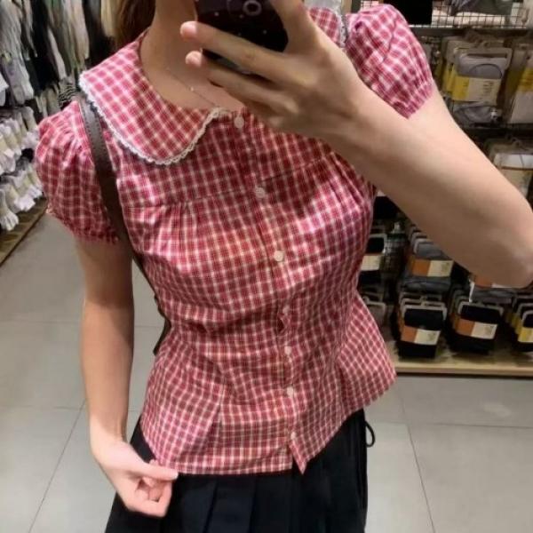 퍼프소매 체크 블라우스 둥근카라 반팔 셔츠