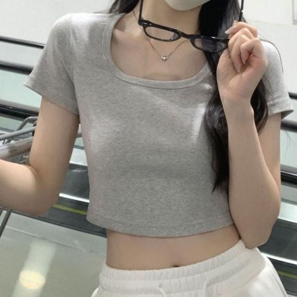 NF-98 무지 슬림 U넥 반팔 크롭티셔츠