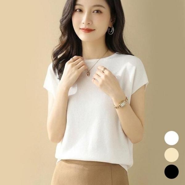 URK-576 여성 캡소매 보트넥 니트 반팔 티셔츠