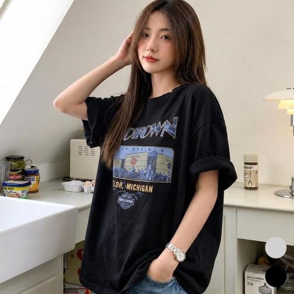 URK-573 여성 영문 오버핏 드롭숄더 반팔 티셔츠