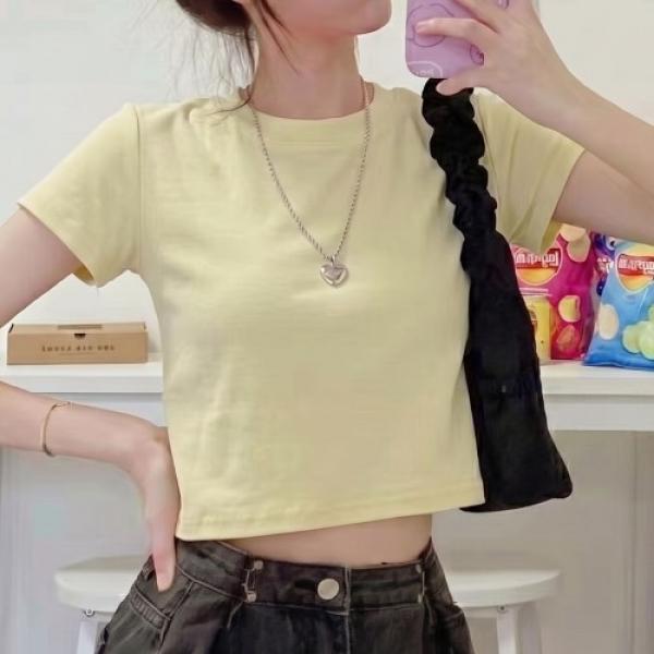 크롭 반팔티 베이직 스판 라운드넥 데일리 티셔츠