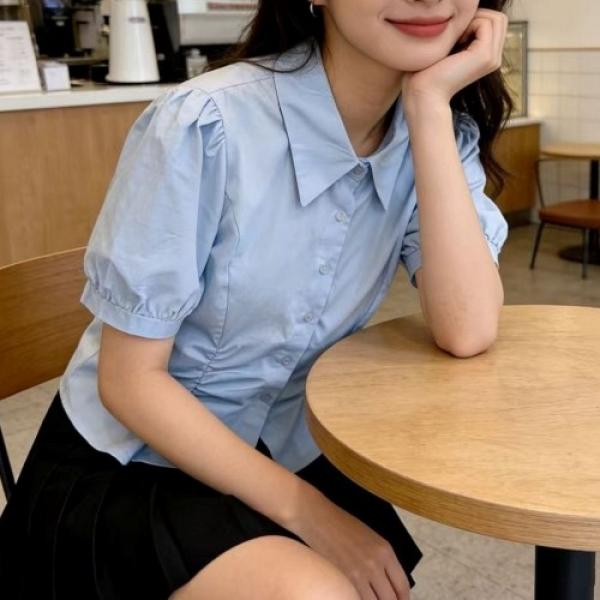 카라 셔츠 퍼프소매 셔링 반팔 블라우스