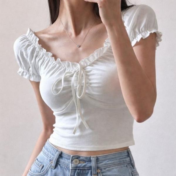 오프숄더 셔링 리본 크롭 반팔 티셔츠