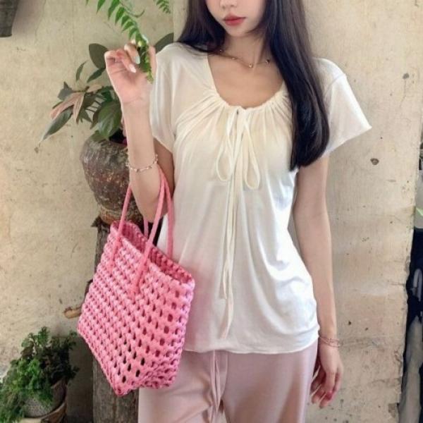 셔링 U넥 반팔 티셔츠 리본 여리핏 데일리 티