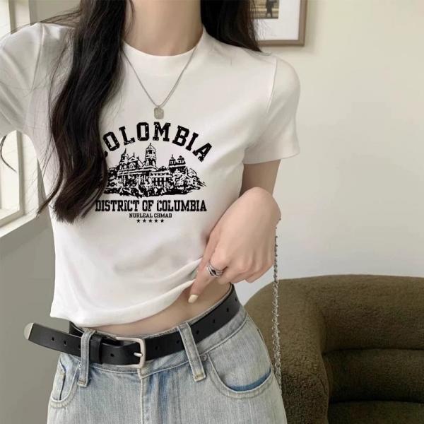 NEW 프린트티 흰색티셔츠 크롭 캐주얼라운드넥 심플한 반팔