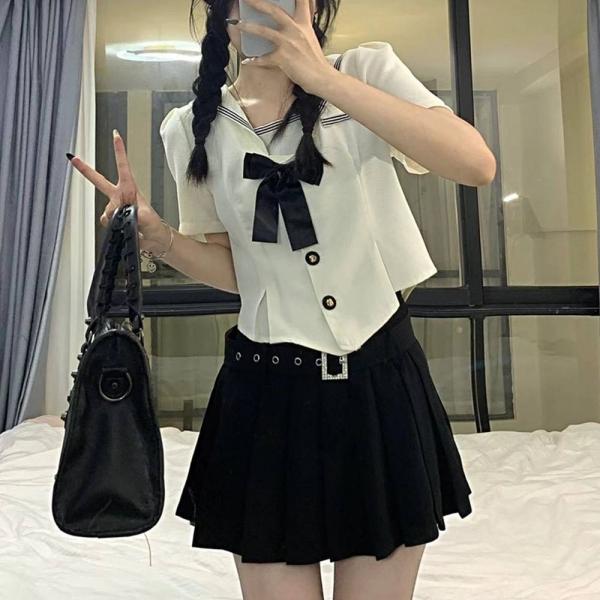아이보리 퍼프절개 반팔 버클치마 세라복 교복세트