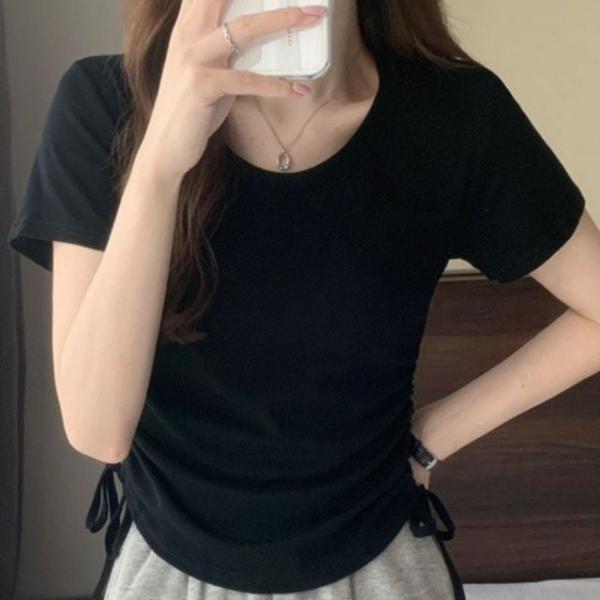 반팔 허리 셔링 크롭티 트롭 무지 반팔티