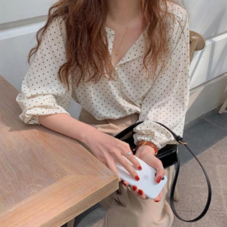 여성 봄 도트 퍼프 쉬폰 긴팔 프릴 블라우스