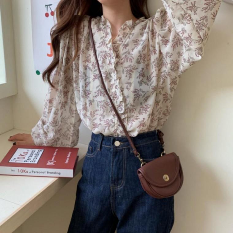 여성 봄 레이스 포인트 플라워 프릴 쉬폰 블라우스
