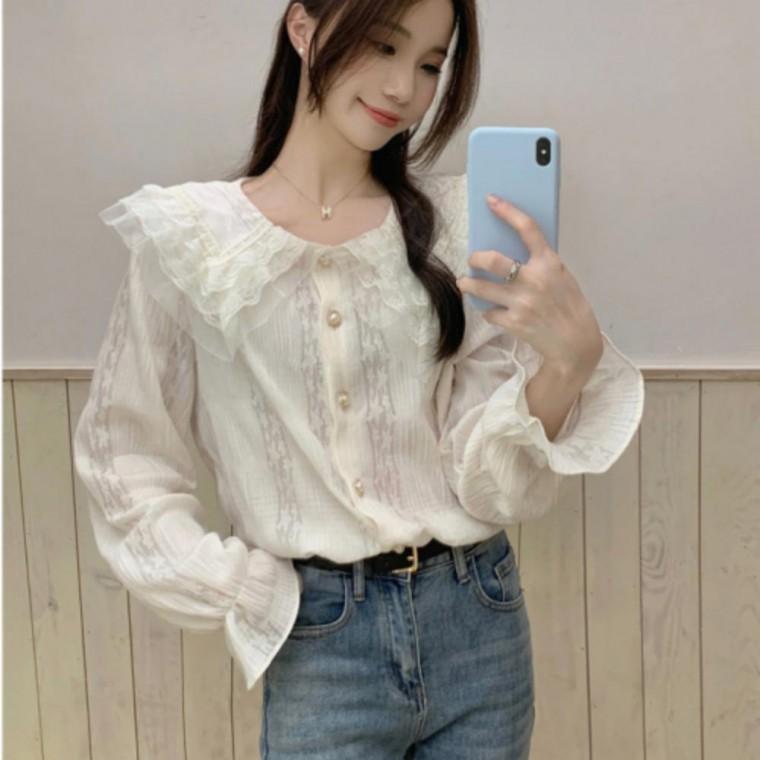 여성 데이트룩 카라 레이스 이중프릴 긴팔 블라우스