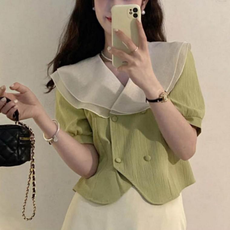 쉬폰 빅카라 레이스 여성 반크롭 반팔 블라우스