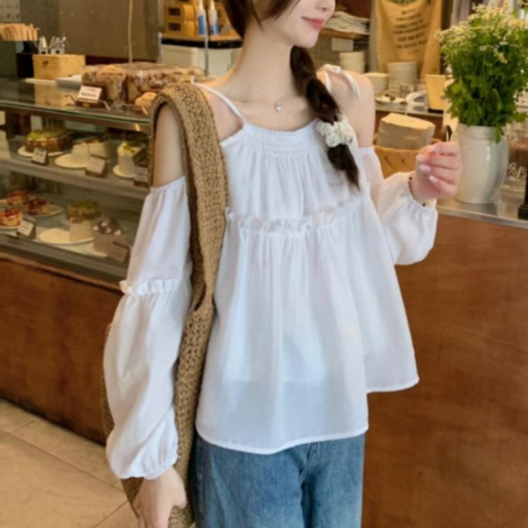 여성 어깨 오프숄더 밴딩 쉬폰 프릴 끈 블라우스
