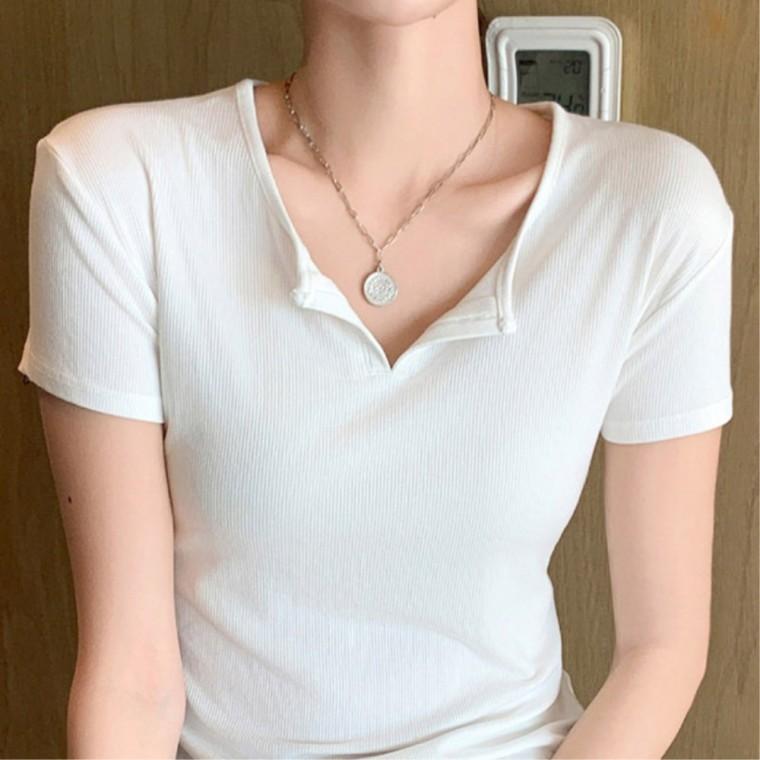 여성모던룩 슬림핏 여성반팔티 브이넥 20대여성 골지반팔 티셔츠 오피스룩